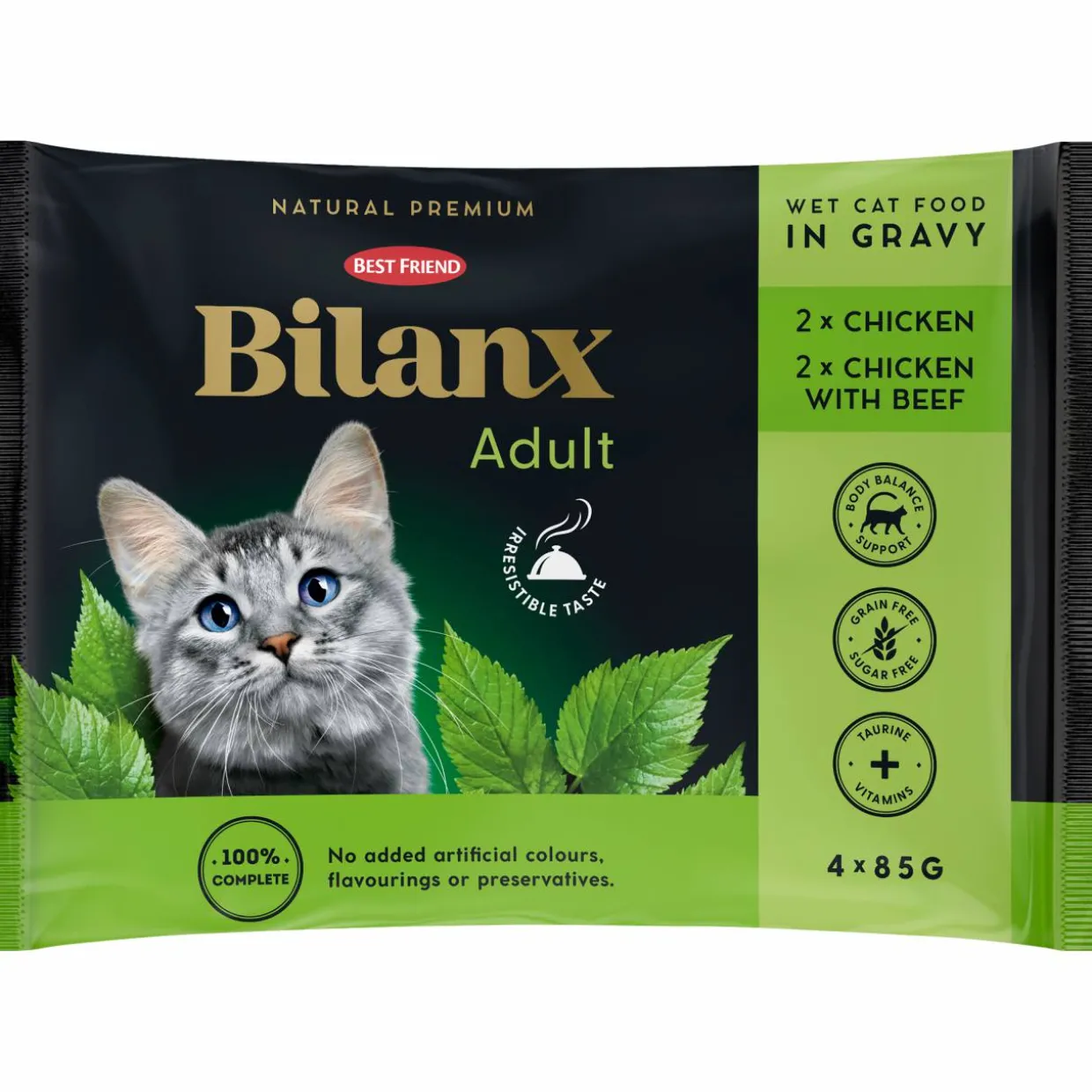 Kissanruoka Best Friend 4 x 85 g Bilanx Adult kana & nauta kastikkeessa