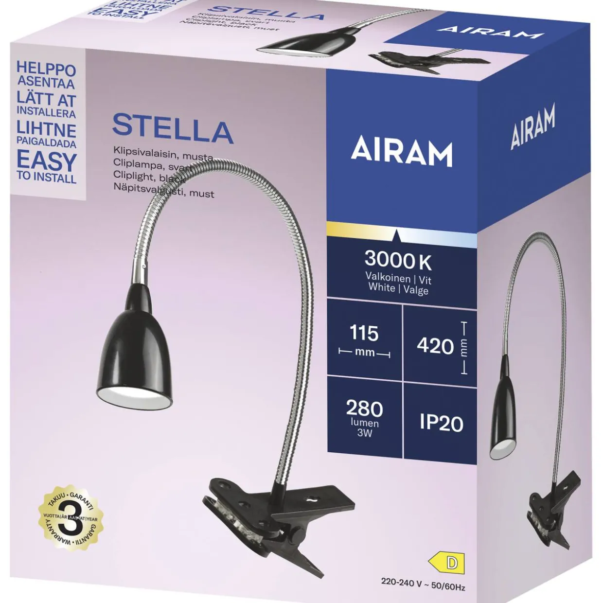 Kohdevalaisin Airam Stella Clip IP20 3W/830 280lm BK