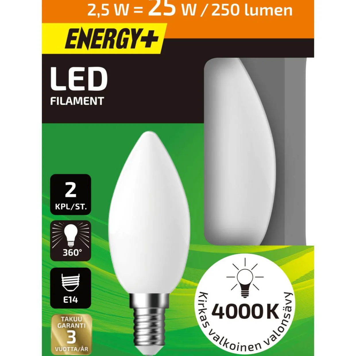 LED-lamppu 250 lm 4000K C35 E14 2 kpl