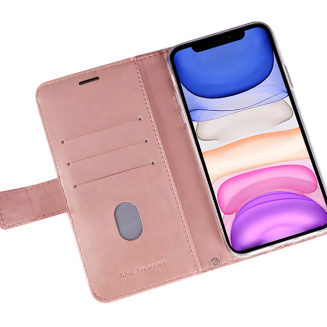 Lompakkolaukku Mobia iPhone 11 ruusukulta