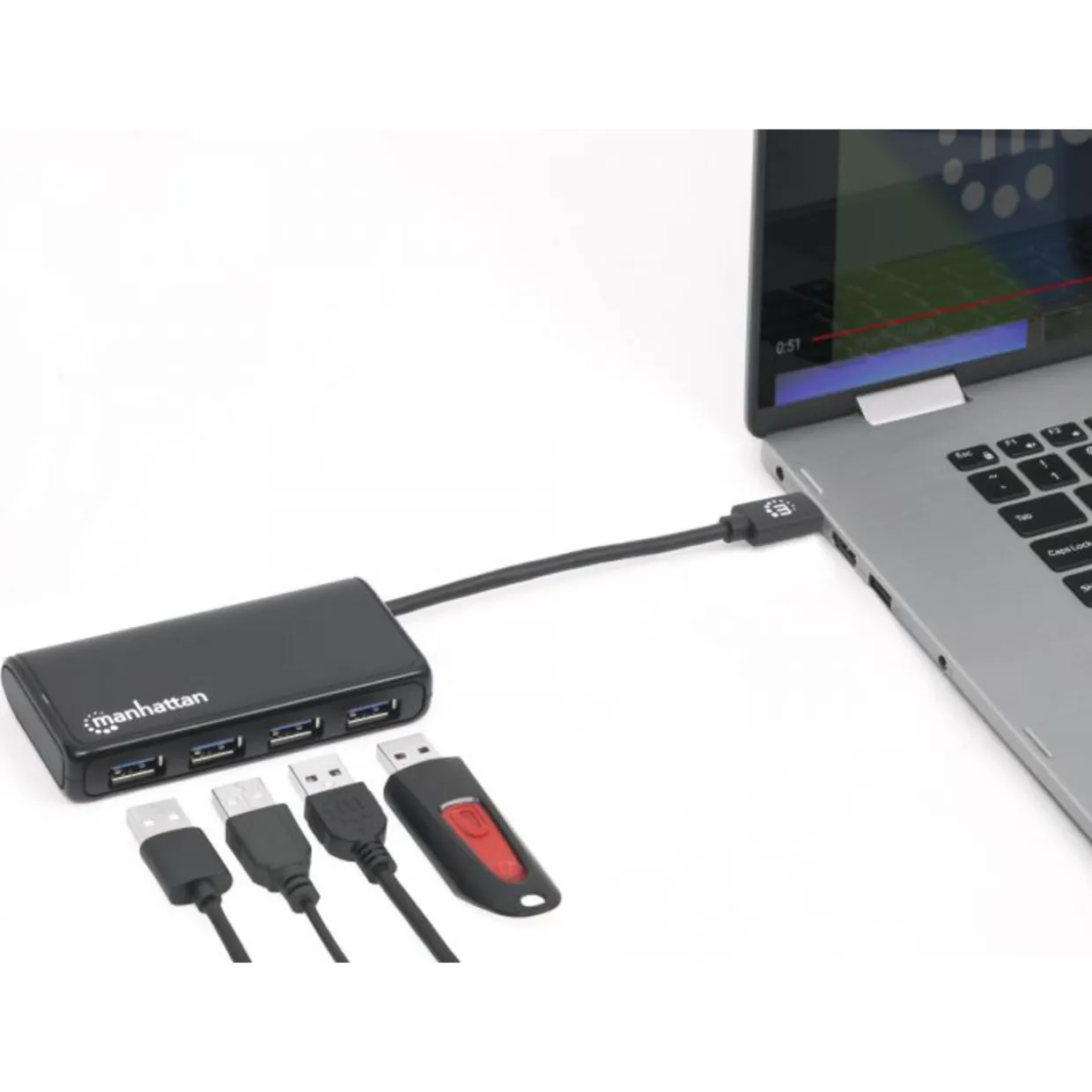 Manhattan 4xUSB-A hubi USB-C kaapelilla