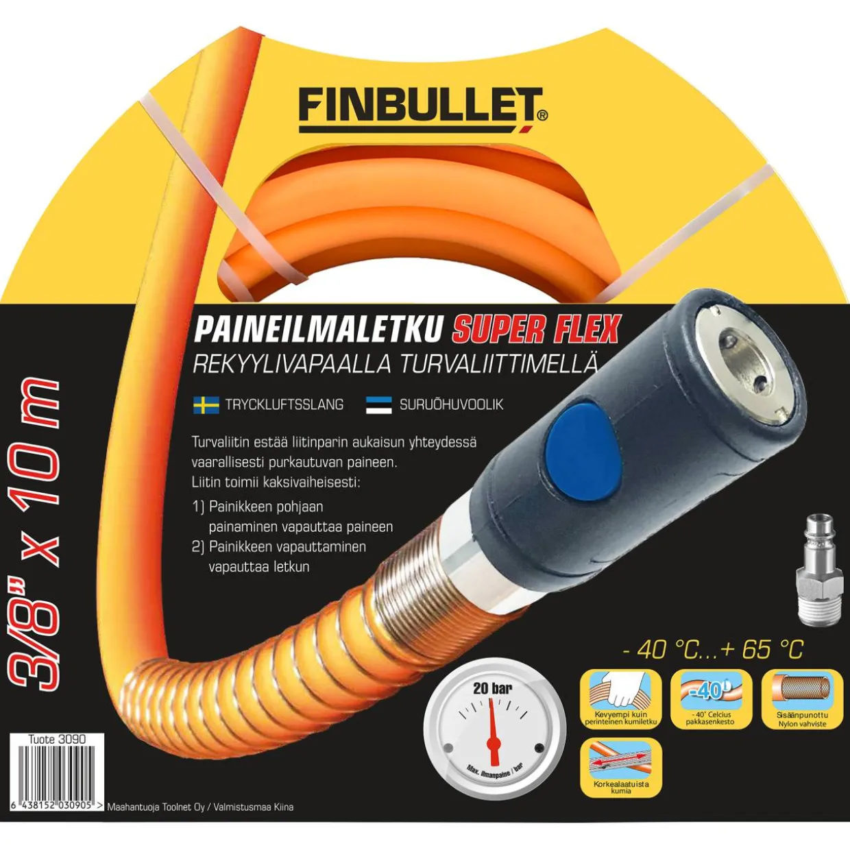 Paineilmaletku Finbullet 3/8"x 10 m Superflex rekyylivapaalla turvaliittimellä