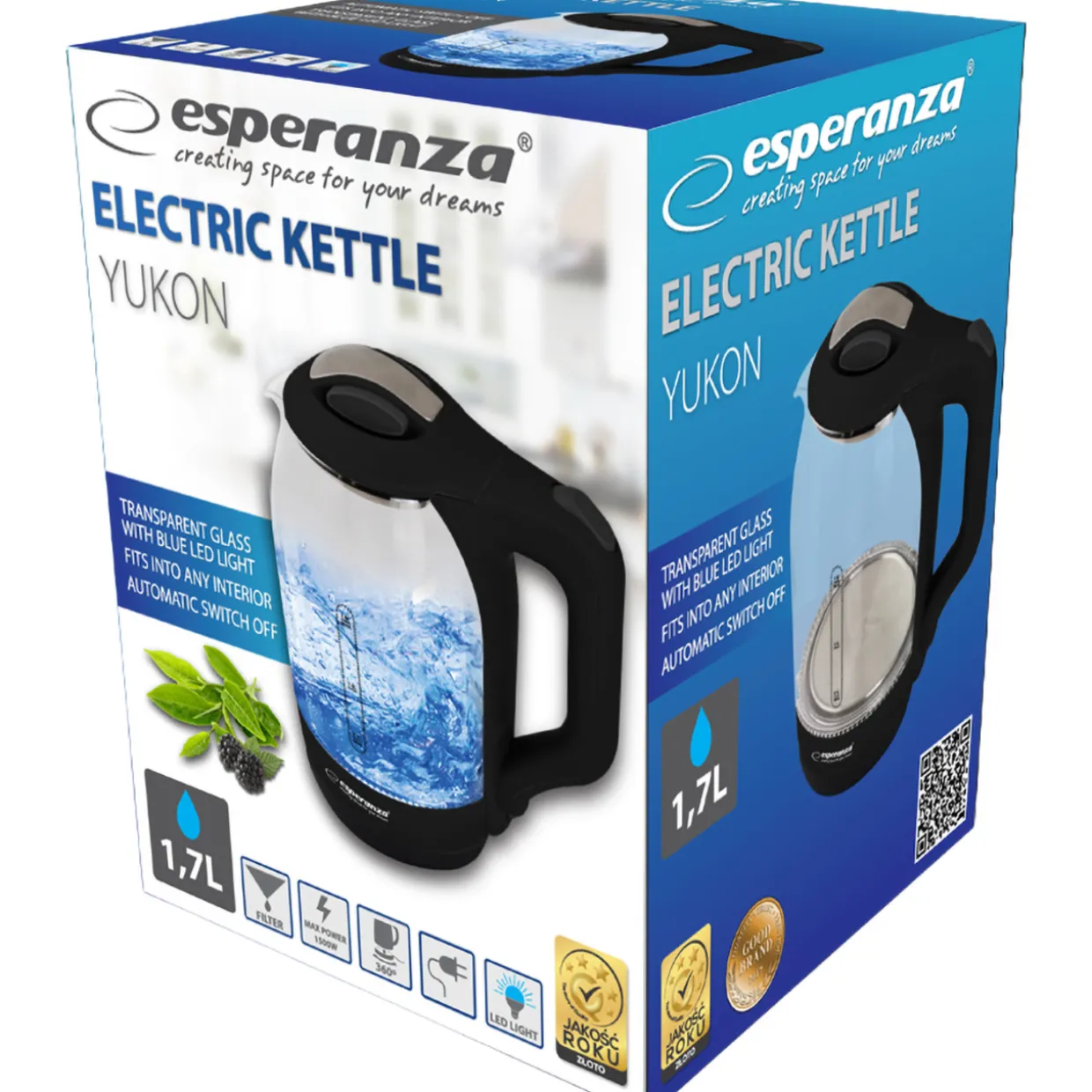 Vedenkeitin Esperanza LED-valolla 1,7 l